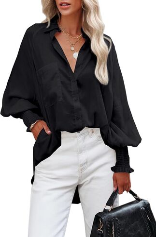 Button Down Shirts for Women Oversized Smocked Cuffed Collared Boyfriend Shirt Long Sleeve Blouse Tunic Top with Pocket in Saudi Arabia