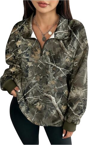 GORGLITTER Women's Plus Size Camo Sweatshirt Camouflage Leaf Print Half Zip Long Sleeve Oversized Pullover Sweatshirt in Saudi Arabia