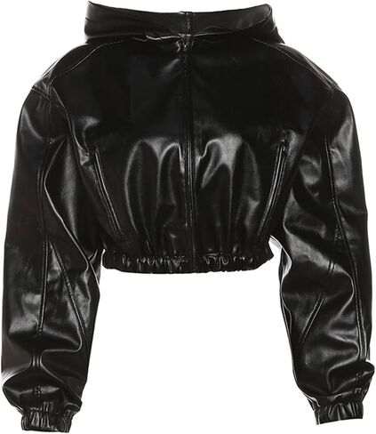 Faux Leather Jacket Women Black Leather Jacket Women Cropped Leather Jacket Long Sleeve Zipper Closure Moto Biker Top in Kuwait