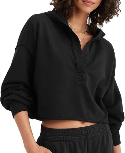 Women's V Neck Cropped Pullover Hoodies Casual Loose Crop Top Hooded Sweatshirts Tops in Kuwait