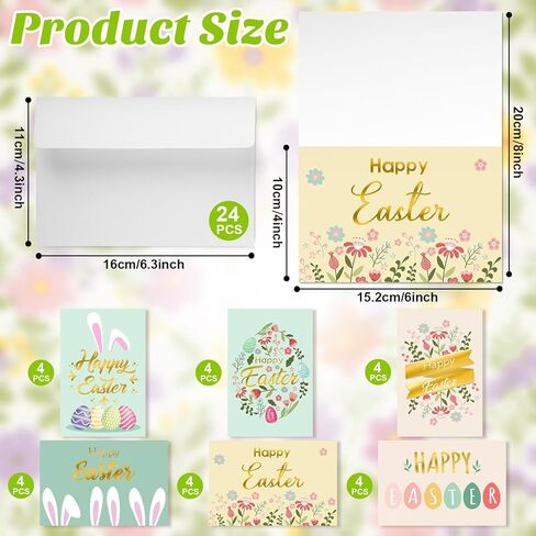24 Pack Happy Easter Cards with Envelope Gold Foil Colorful Greeting Cards Easter Egg Floral Bunny Note Cards for Classroom Exchange Party Supplies in Saudi Arabia