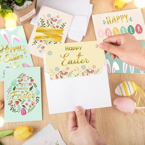 24 Pack Happy Easter Cards with Envelope Gold Foil Colorful Greeting Cards Easter Egg Floral Bunny Note Cards for Classroom Exchange Party Supplies in Saudi Arabia