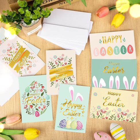 24 Pack Happy Easter Cards with Envelope Gold Foil Colorful Greeting Cards Easter Egg Floral Bunny Note Cards for Classroom Exchange Party Supplies in Saudi Arabia
