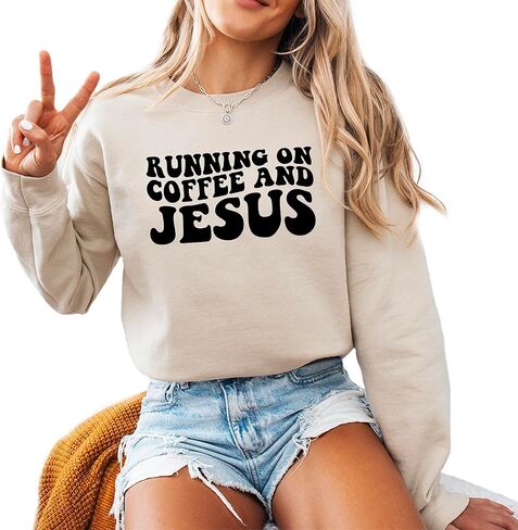 Verita Culture Running On Coffee And Jesus Christian Sweatshirt Women Fall Season Long Sleeve Graphic Shirts Cozy Lover Tops in Saudi Arabia