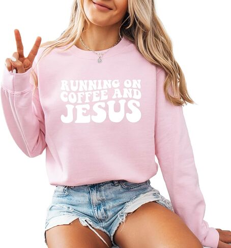 Verita Culture Running On Coffee And Jesus Christian Sweatshirt Women Fall Season Long Sleeve Graphic Shirts Cozy Lover Tops in Saudi Arabia