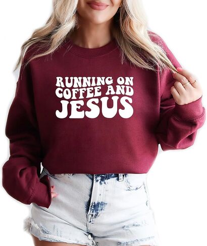 Verita Culture Running On Coffee And Jesus Christian Sweatshirt Women Fall Season Long Sleeve Graphic Shirts Cozy Lover Tops in Saudi Arabia
