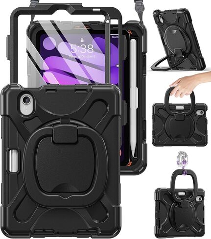 BRAECN iPad Mini 6th Gen Kids Case 8.3''-2021(A2567/A2568/A2569)- Rugged Silicone Cover with Screen Protector, 360 Swivel Handle Grip, Stable Kickstand, Shoulder Strap, Pencil Holder, Colorful Pink in Saudi Arabia