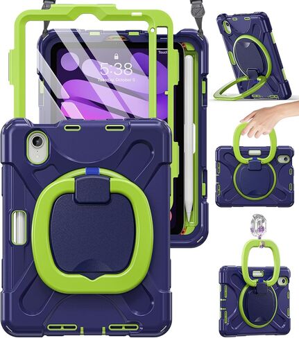 BRAECN iPad Mini 6th Gen Kids Case 8.3''-2021(A2567/A2568/A2569)- Rugged Silicone Cover with Screen Protector, 360 Swivel Handle Grip, Stable Kickstand, Shoulder Strap, Pencil Holder, Colorful Pink in Kuwait