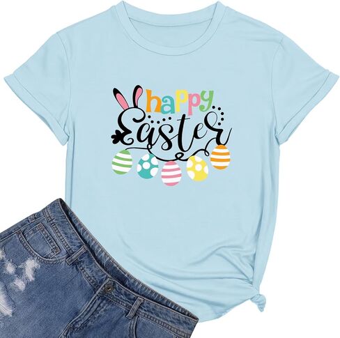 NTSWZYS Happy Easter Shirts Easter Bunny T-Shirt Short Sleeve Rabbit Graphic Tees Easter Shirt Tops in Kuwait