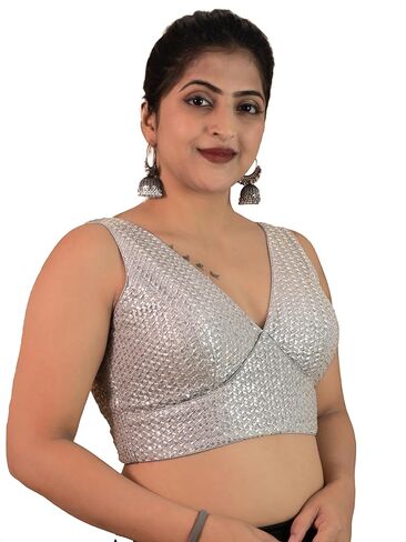 بلوزة ساري نسائية مطرزة بالترتر من FIGURE'S DESIGNER مصنوعة من نسيج شبكي ممتاز بدون أكمام ورقبة على شكل حرف V من Sabyasachi بلوزة ساري جاهزة E20 in Kuwait