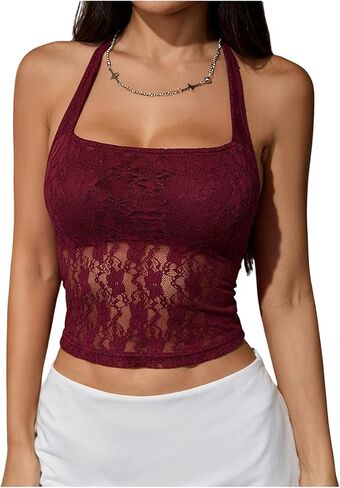 Milumia Women's Floral Lace Halter Crop Top Sexy Sheer Mesh Patchwork Backless Going Out Tank Tops in Saudi Arabia