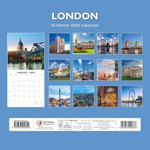 Red Robin 2026 London Monthly Wall Calendar | 12" x 24" Open | Premium Thick & Sturdy Paper | Hangable 12 Month Calendar | Lined Notes & To Do Area | Vivid Images | Plastic Free in Saudi Arabia