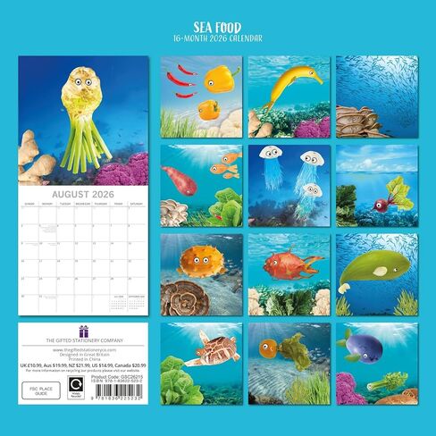 التقويم المربع لمدة 16 شهرًا من The Gifted Stationery - موضوع المأكولات البحرية ومخطط 2026 مع 180 ملصق تذكير - تقويم حائط معلق 2026-12 × 12 بوصة مطوي in Saudi Arabia