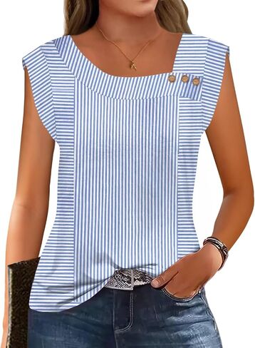 Womens Summer Tops Trendy Asymmetrical Square Neck Buttons Shirts Casual Cap Sleeve Loose Blouses in Kuwait