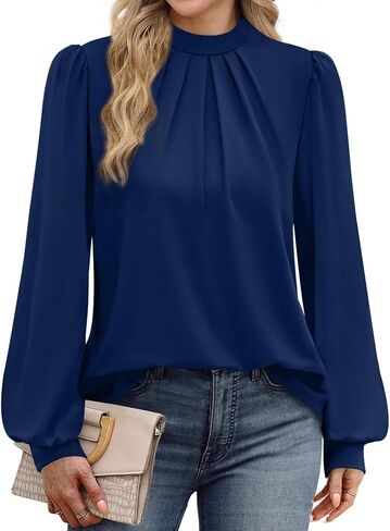 Women's Mock Neck Long Sleeve Shirts - Pleated Front Dressy Casual Blouses, Fashion Fall Tops for Daily & Office Wear in Saudi Arabia