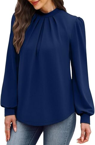 Women's Mock Neck Long Sleeve Shirts - Pleated Front Dressy Casual Blouses, Fashion Fall Tops for Daily & Office Wear in Saudi Arabia