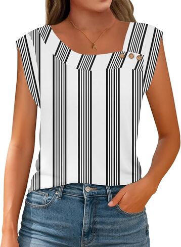 Womens Summer Tops Trendy Asymmetrical Square Neck Buttons Shirts Casual Cap Sleeve Loose Blouses in Saudi Arabia