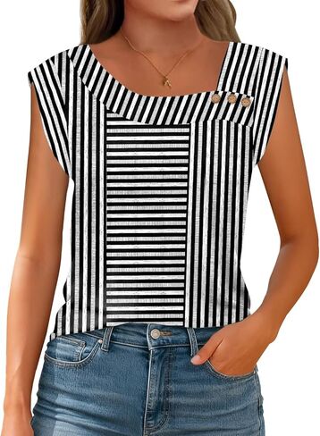 Womens Summer Tops Trendy Asymmetrical Square Neck Buttons Shirts Casual Cap Sleeve Loose Blouses in Saudi Arabia