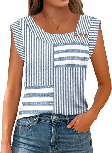Womens Summer Tops Trendy Asymmetrical Square Neck Buttons Shirts Casual Cap Sleeve Loose Blouses in Saudi Arabia