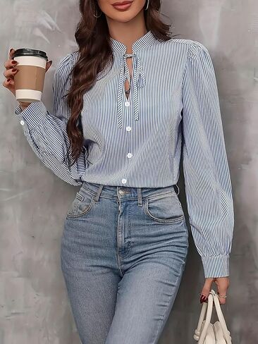 Womens Stripe Button Down Shirts Tie Neck Long Sleeve Blouse Regular Work Office Tunic Top Trendy Clothes in Saudi Arabia