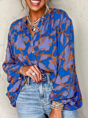 Women's Floral Blouses Dressy Casual V Neck Button Down Shirts Long Sleeve Boho Chiffon Fall Tops 2025 in Saudi Arabia
