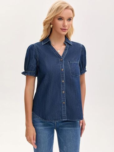 Womens Denim Shirt Short Sleeve V Neck Button Front Pullover Jean Summer Tops in Saudi Arabia