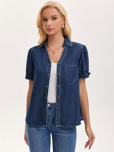 Womens Denim Shirt Short Sleeve V Neck Button Front Pullover Jean Summer Tops in Saudi Arabia