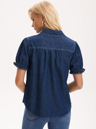 Womens Denim Shirt Short Sleeve V Neck Button Front Pullover Jean Summer Tops in Saudi Arabia