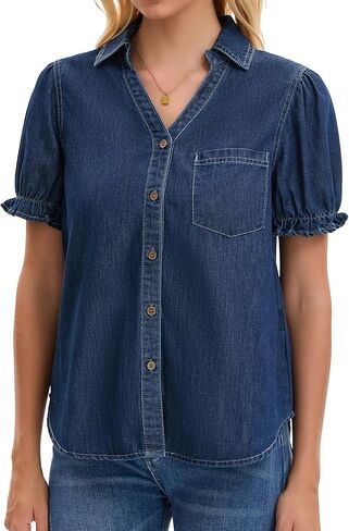 Womens Denim Shirt Short Sleeve V Neck Button Front Pullover Jean Summer Tops in Kuwait