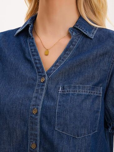 Womens Denim Shirt Short Sleeve V Neck Button Front Pullover Jean Summer Tops in Saudi Arabia