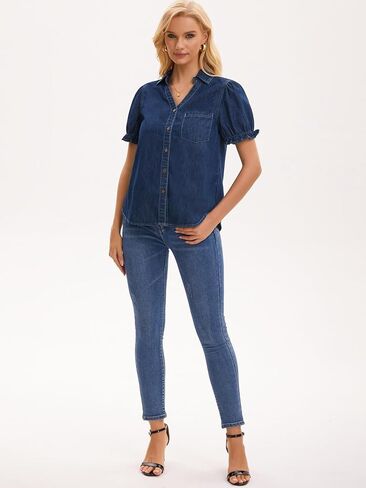 Womens Denim Shirt Short Sleeve V Neck Button Front Pullover Jean Summer Tops in Saudi Arabia
