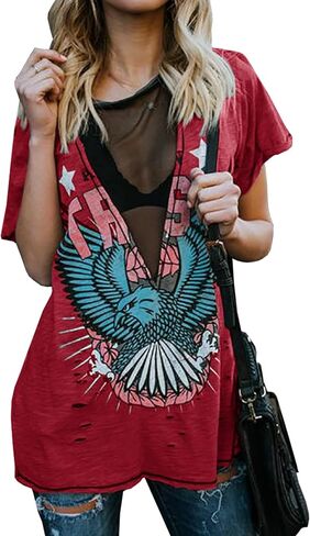Karlywindow Womens Short Sleeve Graphic Tees Distressed Hawk Print Mesh V Neck Loose Sexy T-Shirt Tops in Kuwait