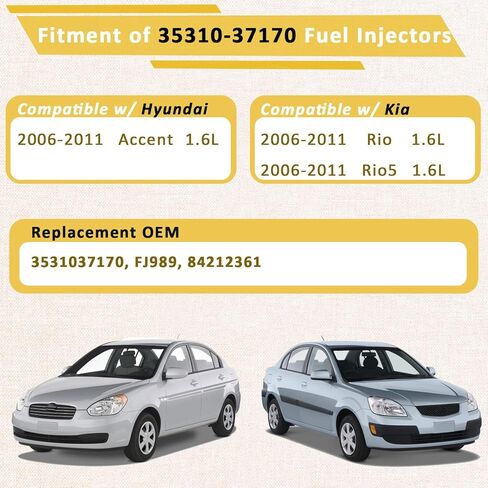 2006-2011 G4-Motor 1.6L Fuel Injectors,Compatible with/Hyundai 1.6 Accent 2006-2011,Compatible with/Kia Rio Rio5 |4 Holes| |Set of 4| |OE#35310-37170| in Kuwait