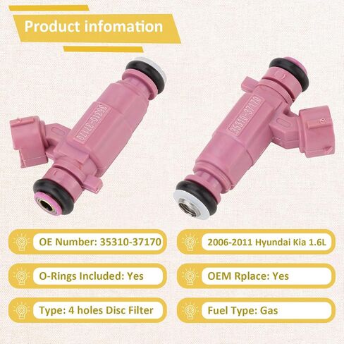2006-2011 G4-Motor 1.6L Fuel Injectors,Compatible with/Hyundai 1.6 Accent 2006-2011,Compatible with/Kia Rio Rio5 |4 Holes| |Set of 4| |OE#35310-37170| in Kuwait