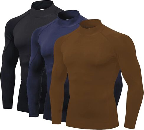 3 Pack Turtleneck Compression Shirts for Men Long Sleeve Athletic Running Tops Football Baselayer Shirts Running Undershirt in Kuwait