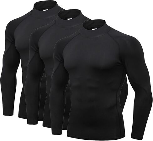 3 Pack Turtleneck Compression Shirts for Men Long Sleeve Athletic Running Tops Football Baselayer Shirts Running Undershirt in Saudi Arabia