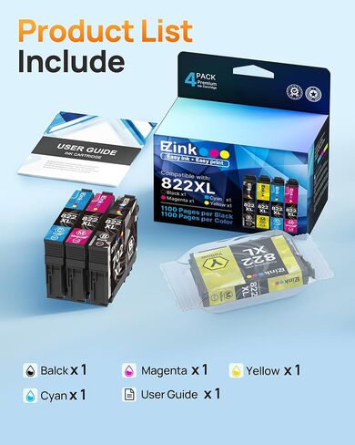 حزمة كومبو من خراطيش الحبر E-Z Ink 822XL بديل مُعاد تصنيعه لخراطيش حبر Epson 822XL 822XL لحبر الطابعات Workforce Pro WF-3820 WF-3823 WF-4820 WF-4830 WF-4833 WF-4834 (4 عبوات) in Saudi Arabia