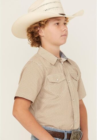 قميص Cody James للأولاد مطبوع عليه Grill and Greet Medallion بأكمام قصيرة وإبزيم غربي - CBSP25W7-TAN Medium US in Saudi Arabia