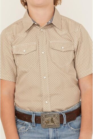 قميص Cody James للأولاد مطبوع عليه Grill and Greet Medallion بأكمام قصيرة وإبزيم غربي - CBSP25W7-TAN Medium US in Saudi Arabia