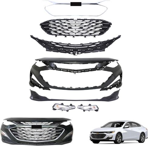 Front Bumper Cover Kit Compatible with 2019 2020 2021 2022 2023 2024 Chevy Malibu L, LS, LT, RS Sedan 1.5L W/Upper Grille Lower Grill & Fog Lights - No Fold Shipping in Kuwait