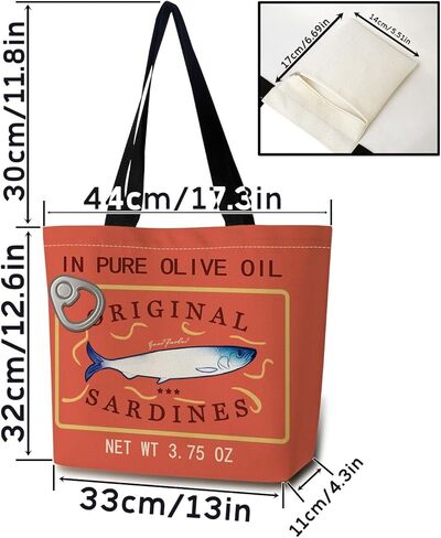 Original Sardines Tote Bag Cute Aesthetic Shopping Shoulder Handbag with Interior Zipper Pocket Lightweight & Washable Stylish Original Sardines Present for Women Friends in Saudi Arabia