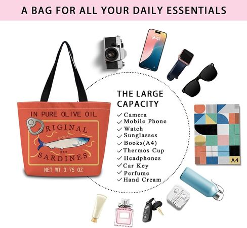 Original Sardines Tote Bag Cute Aesthetic Shopping Shoulder Handbag with Interior Zipper Pocket Lightweight & Washable Stylish Original Sardines Present for Women Friends in Saudi Arabia