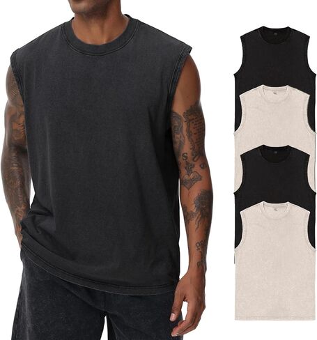 Mens Cotton Sleeveless Tank Tops Cut Off Muscle Gym T Shirts Running Beach Loose Fit Tees in Kuwait