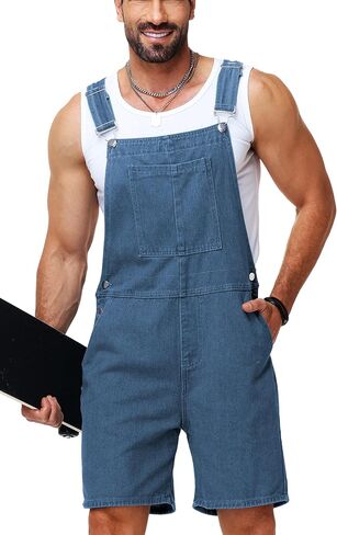 Men Denim Shorts Overalls Solid Color Bib Jumpsuit Jeans Coveralls with Pockets in Kuwait
