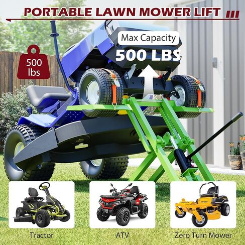Lawn Mower Lift 500lbs with Saves Effort Hydraulic Handle &Safety Ratchet Belt, Zero Turn Mower Lift Foldable Design Easy Storage, Lawnmower Jack for Lawn Mowers and Garden Tractors (Green in Saudi Arabia