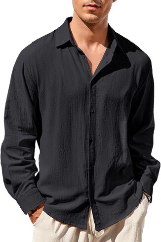 Cotton Linen Shirt Men Button Down Solid Mens Summer Casual Beach Hawaiian Shirts in Saudi Arabia