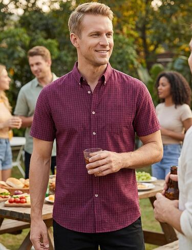 LucMatton Men's Plaid Short Sleeve Button Down Shirt Smart Casual Linen-Like Regular Fit Summer Tops in Saudi Arabia