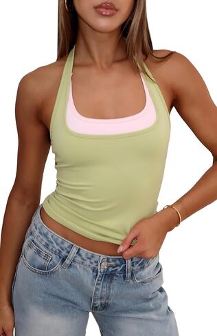 قميص نسائي مثير برقبة رسن Y2K كتلة اللون مقصوص بدون أكمام للتمرين والخروج بدون أكمام صيفي بدون ظهر in Kuwait