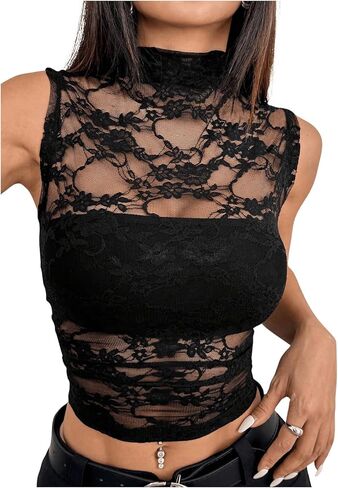 GORGLITTER Women's Gothic Lace Rave Festival Tank Top Y2K Goth Mesh Sleeveless Mock Neck See Through Going Out Crop Top in Saudi Arabia