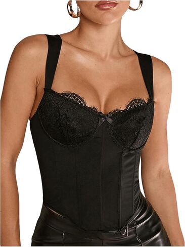 WDIRARA Women's Lace Bowknot Sleeveless Corset Bustier Tops Vintage Underwired Crop Tops in Saudi Arabia